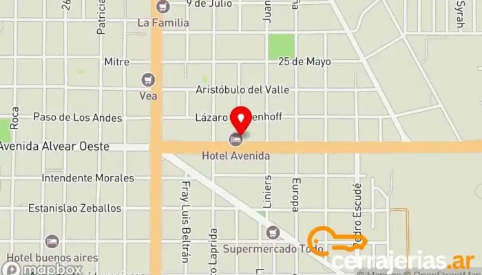 mapa de Casa Alvear Proveedor de materiales de construcción, Tienda de equipos de baños, Fabricante de cerámica, Proveedor de puertas, Contratista de materiales para suelos, Tienda de cerámica en Gral. Alvear