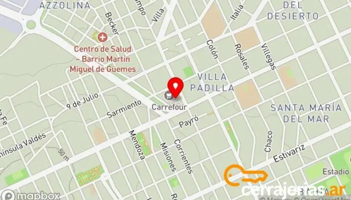 mapa de Cerrajería Tecnillaves Cerrajero, Proveedor de puertas, Proveedor de productos para cerrar, Servicio de duplicación de llaves, Proveedor de sistemas de seguridad en Puerto Madryn