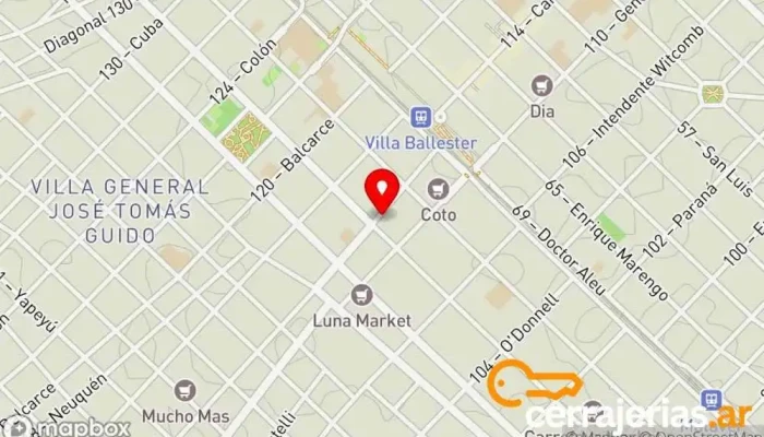 mapa de El Barba Cerrajeria Cerrajero, Tienda de alarmas antirrobo, Servicio de duplicación de llaves en Villa Ballester