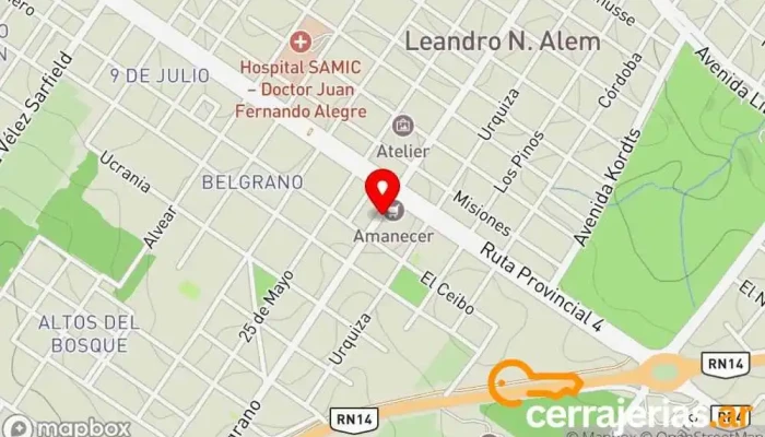 mapa de Vidrieria Alem SRL Ferretería, Tienda de materiales para la construcción, Tienda de cristales, Pinturería, Tienda de artículos de fontanería, Cuarto de herramientas en Leandro N. Alem